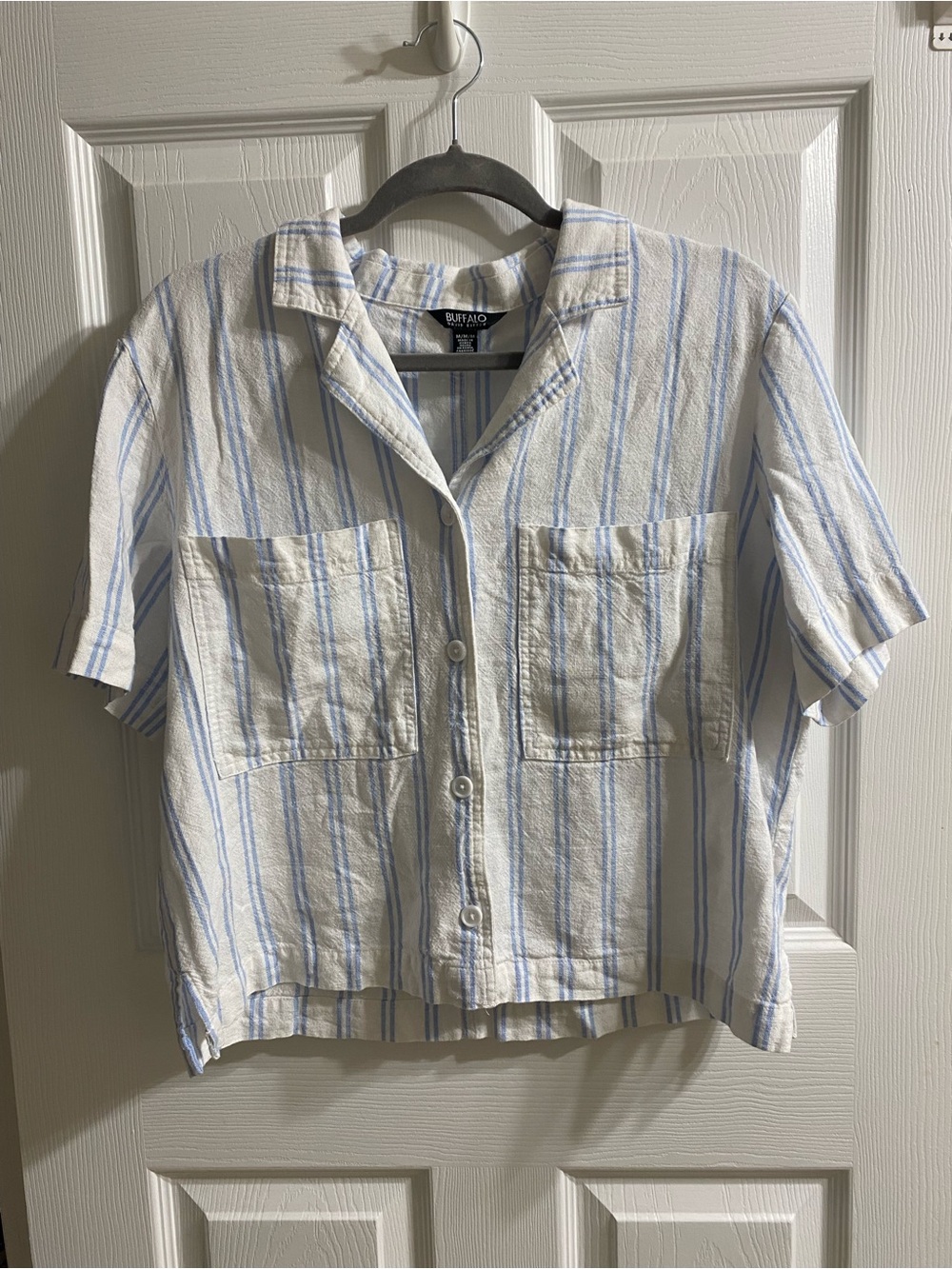 Buffalo David Bitton White and Light Blue Striped Short-Sleeve Shirt